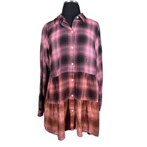 J.Jill Ombre Plaid Tiered Babydoll Button Up Tunic Top Long Sleeve Burgundy Sz M